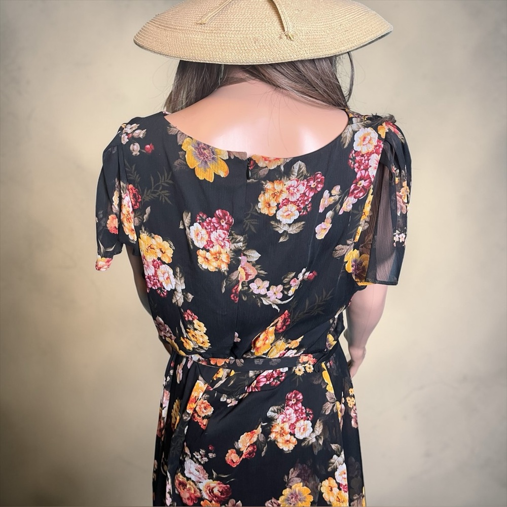 DKNY Black Floral High Low Chiffon Dress Size 16 Flutter Sleeve - Picture 7 of 8